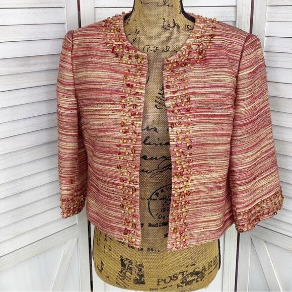 Victor Costa Tweed Bead Detail Crop Blazer Jacket Pink Red Cream 6 - Picture 1 of 13